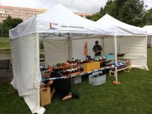 Když neprší, stan 6x3 m nám ještě stačí. Jak se dá do deště, je nám v něm těsno.